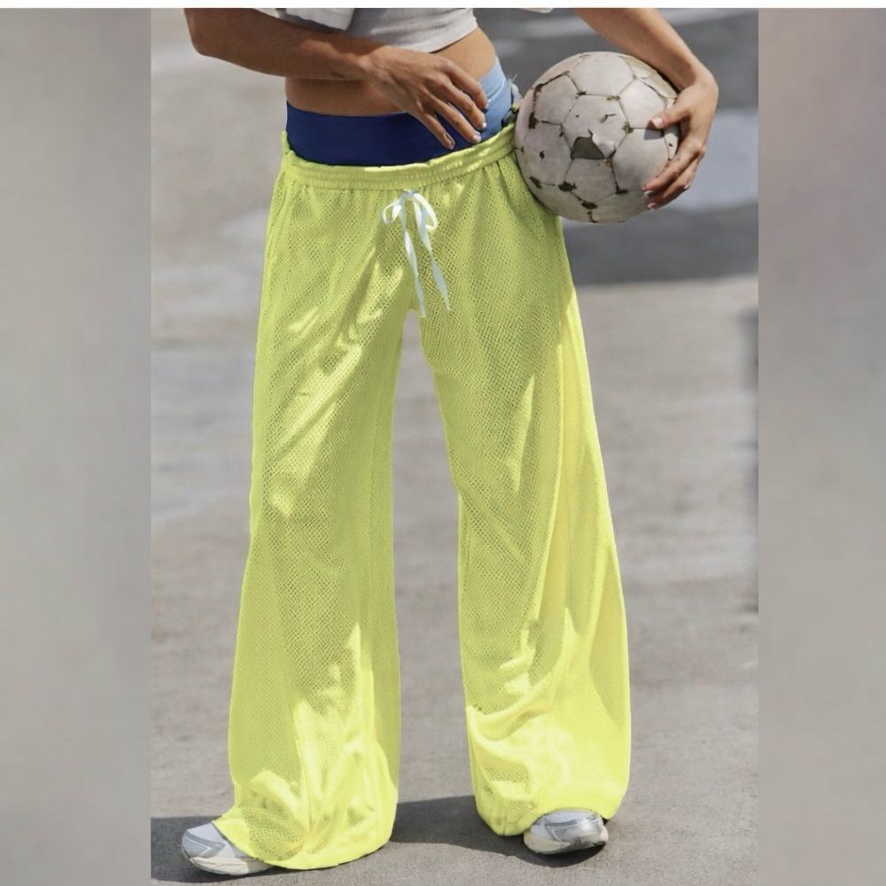 FREE PEOPLE Overtime Wide Leg Mesh Pants in Dour Citrus NWOT $98